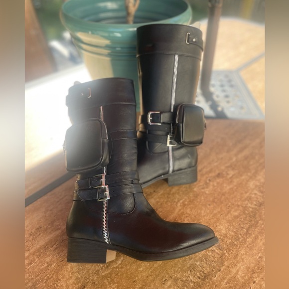 Black vegan Leather Buckle Boots - Picture 1 of 4